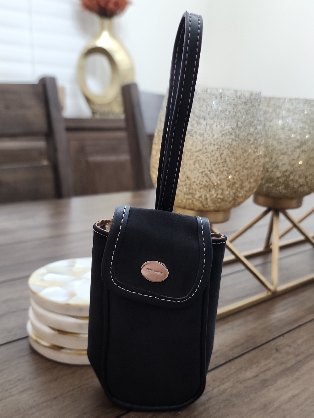 Nine West Compact Black Wristlet Bag with Contrast Stitching